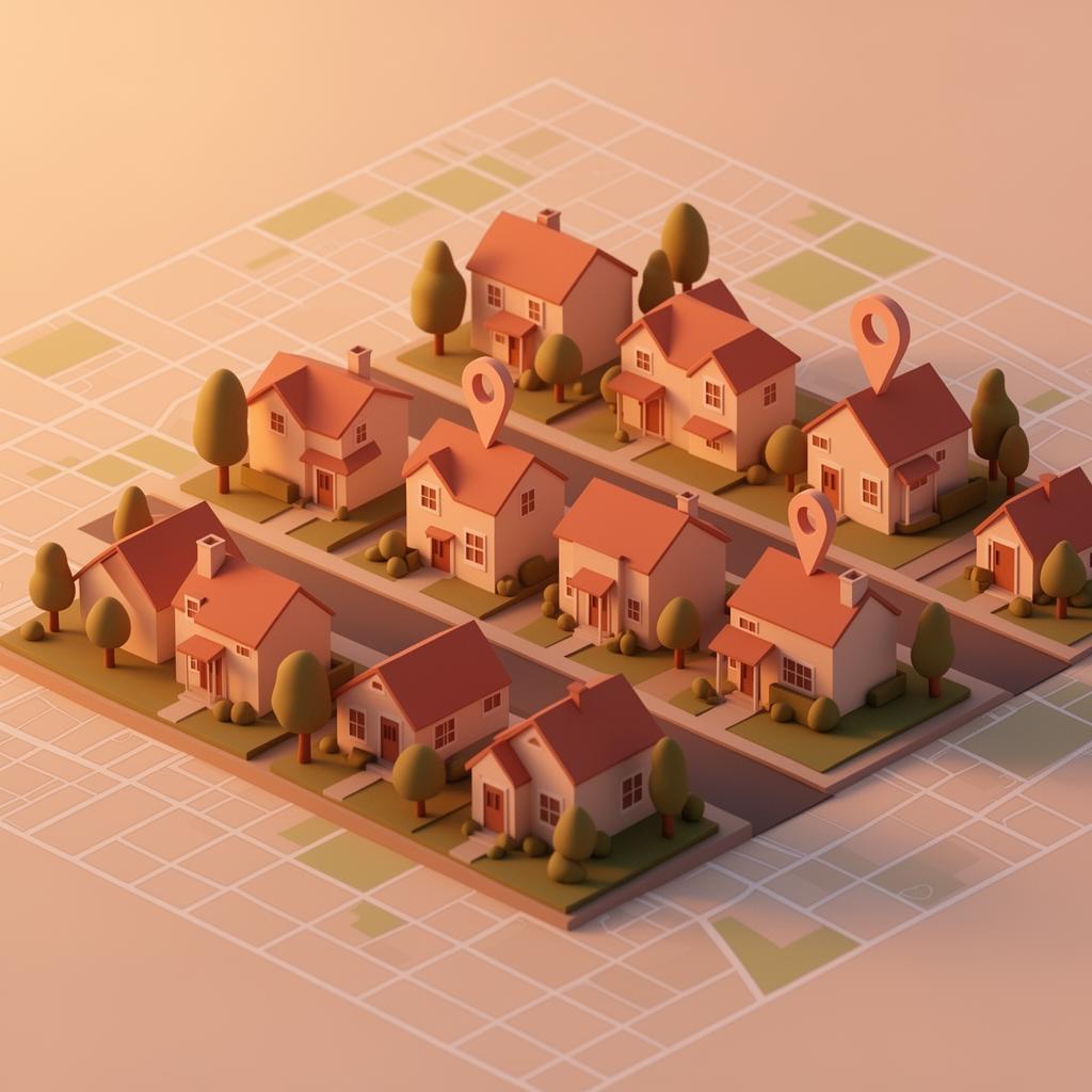 Isometric 3D illustration of a neighborhood block with location pins above households